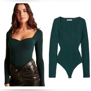Abercrombie & Fitch Teal Green Long-Sleeve Sweetheart Ribbed Sweater Bodysuit L